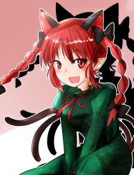 Rule 34 | 1girl, :d, animal ears, bow, braid, cat ears, cat tail, dress, drop shadow, extra ears, fang, green dress, hair bow, highres, kaenbyou rin, multiple tails, nekomata, open mouth, oshiaki, pointy ears, red eyes, red hair, smile, solo, tail, touhou, twin braids, two tails