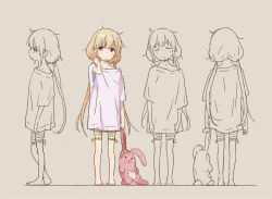 Rule 34 | 1girl, barefoot, blonde hair, blush, brown eyes, closed eyes, commentary request, expressionless, futaba anzu, grey background, idolmaster, idolmaster cinderella girls, long hair, looking at viewer, low twintails, matsuo yuusuke, multiple views, shirt, shorts, simple background, sketch, striped clothes, striped shorts, stuffed animal, stuffed rabbit, stuffed toy, t-shirt, twintails