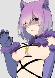 Rule 34 | 1girl, absurdres, animal ear fluff, animal ears, bad id, bad pixiv id, blush, breasts, claw pose, elbow gloves, fate/grand order, fate (series), fur collar, gloves, grey background, hand up, highres, large breasts, looking at viewer, mash kyrielight, mash kyrielight (dangerous beast), official alternate costume, parted lips, purple eyes, purple gloves, purple hair, revision, scowl, shaded face, short hair, simple background, sketch, solo, underboob, upper body, v-shaped eyebrows, wolf ears, yonkumi (gatling033)