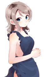 Rule 34 | 10s, 1girl, apron, blue eyes, blush, breasts, brown hair, from side, looking at viewer, looking to the side, love live!, love live! sunshine!!, medium breasts, naked apron, short hair, simple background, solo, sweat, totoki86, watanabe you, white background