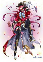 Rule 34 | 10s, 1boy, aoidos, artist name, boots, dated, feathers, flower, gloves, granblue fantasy, guitar, hat, high heel boots, high heels, instrument, leaf, long hair, male focus, petals, red eyes, red hair, rose, sitting, solo