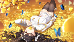 Rule 34 | 1girl, animal ears, atago (azur lane), azur lane, black hair, black thighhighs, blurry, brown eyes, bug, butterfly, commentary request, depth of field, fox ears, ginkgo tree, ginkgo leaf, highres, insect, leaf, long hair, looking at viewer, lying, maya g, miniskirt, pencil skirt, skirt, solo, thighhighs, zettai ryouiki