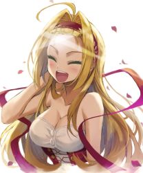 Rule 34 | 10s, 1girl, :d, ^ ^, ahoge, alternate hairstyle, bangs pinned back, bare shoulders, blush, breasts, bustier, cleavage, closed eyes, closed mouth, commentary, cropped torso, english commentary, facing viewer, fate/extra, fate (series), flick, forehead, forehead flick, hair down, hair intakes, hand in own hair, hand up, headband, highres, large breasts, long hair, nero claudius (fate), nero claudius (fate) (all), nero claudius (fate/extra), open mouth, petals, rose petals, round teeth, simple background, smile, solo, string, string of fate, teeth, tonee, upper body, upper teeth only, very long hair, white background