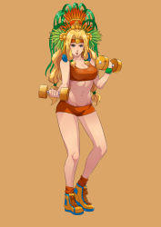 Rule 34 | 1girl, absurdres, bare shoulders, bike shorts, blonde hair, bra, breasts, brown background, chin piercing, cirenk, cleavage, collarbone, commentary, dumbbell, english commentary, fate/grand order, fate (series), green eyes, green wristband, headband, headdress, highres, large breasts, long hair, midriff, navel, orange bra, orange footwear, orange headband, orange shorts, painting (medium), quetzalcoatl (fate), shoes, shorts, simple background, sneakers, solo, sports bra, traditional media, underwear, watercolor (medium)