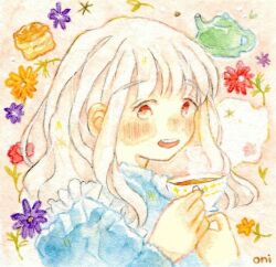 Rule 34 | 1girl, arched bangs, artist name, blush, cup, flower, holding, holding cup, long hair, oniheya 53, open mouth, original, painting (medium), red eyes, solo, teeth, traditional media, upper body, upper teeth only, watercolor (medium), wavy hair, white hair