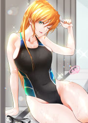 Rule 34 | 1girl, absurdres, black one-piece swimsuit, blue eyes, blush, breasts, cleavage, collarbone, competition swimsuit, covered navel, goggles, unworn goggles, highres, large breasts, leonis g, long hair, looking at viewer, lyrical nanoha, mahou shoujo lyrical nanoha strikers, one-piece swimsuit, one eye closed, open mouth, orange hair, sitting, smile, solo, swimsuit, teana lanster