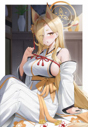 Rule 34 | 1girl, animal ears, blonde hair, blue archive, border, breasts, detached sleeves, eyes visible through hair, fox ears, hair over one eye, hakama, hakama skirt, halo, highres, japanese clothes, kaho (blue archive), large breasts, long hair, mole, mole under mouth, obi, qing wu, sash, short eyebrows, sitting, skirt, solo, sweat, thick eyebrows, vase, very long hair, white border, white hakama, yellow eyes