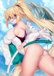 Rule 34 | 1girl, ass, bare shoulders, blonde hair, blue eyes, blush, breasts, competition swimsuit, dolphin, fate/grand order, fate (series), glasses, highres, hoop, hula hoop, jeanne d&#039;arc (fate), jeanne d&#039;arc (ruler) (fate), jeanne d&#039;arc (swimsuit archer) (fate), jeanne d&#039;arc (swimsuit archer) (second ascension) (fate), large breasts, long braid, long hair, looking at viewer, obiwan, one-piece swimsuit, open clothes, open mouth, open shirt, ponytail, shirt, solo, swimsuit, very long hair, white one-piece swimsuit, white shirt