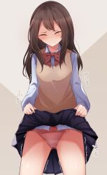 Rule 34 | 1girl, ^ ^, blue skirt, blush, bow, bowtie, breasts, brown hair, brown vest, closed eyes, closed mouth, clothes lift, collared shirt, cowboy shot, embarrassed, female focus, grey background, have to pee, highres, japanese text, lifting own clothes, long hair, long sleeves, miniskirt, original, panties, pee, peeing, peeing self, pink panties, plaid, plaid bow, plaid bowtie, pleated skirt, raised eyebrows, red bow, red bowtie, school uniform, shirt, sidelocks, simple background, skirt, skirt lift, small breasts, solo, standing, thighs, translation request, trembling, two-tone background, underwear, vest, watakarashi, wet, wet clothes, wet panties, white shirt