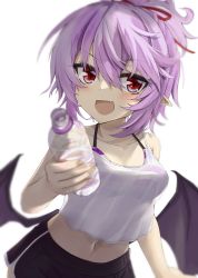 Rule 34 | 1girl, :d, akisome hatsuka, alternate costume, alternate hairstyle, bat wings, black wings, bottle, bra, breasts, cowboy shot, fang, holding, holding bottle, looking at viewer, medium breasts, navel, open mouth, plastic bottle, pointy ears, purple bra, purple hair, red eyes, remilia scarlet, see-through, short hair, simple background, smile, solo, standing, touhou, underwear, white background, wings