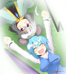 Rule 34 | 2girls, animal ears, arms up, blue hair, blush, breasts, capelet, dowsing rod, closed eyes, female focus, gem, grass, grey hair, ichimi, jewelry, juliet sleeves, large breasts, long sleeves, lying, mouse ears, mouse tail, multiple girls, nazrin, necklace, on back, open mouth, pendant, puffy sleeves, purple eyes, shirt, short hair, smile, tail, tatara kogasa, touhou, umbrella, upside-down, vest