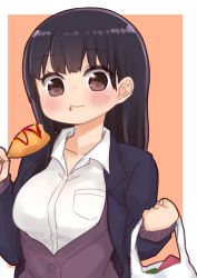 Rule 34 | 1girl, bag, black hair, black jacket, blush, breasts, brown background, brown eyes, collarbone, collared shirt, copyright request, dress shirt, food, food on face, highres, holding, holding bag, holding food, i.u.y, jacket, long hair, long sleeves, looking at viewer, medium breasts, open clothes, open jacket, plastic bag, purple jacket, shirt, sleeves past wrists, solo, two-tone background, upper body, white background, white shirt