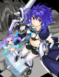 Rule 34 | 2girls, blue eyes, blue hair, boots, breasts, checkered floor, cleavage, cube, from above, kurogin, looking at viewer, looking up, midriff, multiple girls, navel, original, purple hair, red eyes, revealing clothes, serious, short hair, short sleeves, smile, stomach, twintails, weapon, wings