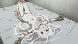Rule 34 | 1girl, albino, bed, bedroom, blush, bodystocking, breasts, deadman wonderland, dress, gloves, long hair, looking at viewer, medium breasts, messy hair, on bed, open mouth, red eyes, shiro (deadman wonderland), solo, upside-down, very long hair, white dress, white hair