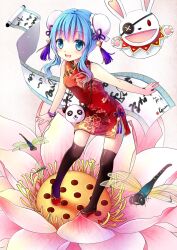Rule 34 | 1girl, :d, absurdres, black thighhighs, blue eyes, bracelet, bug, china dress, chinese clothes, date a live, double bun, dragonfly, dress, flower, full body, gyaza, hair bun, hair ornament, highres, insect, jewelry, leaning forward, looking at viewer, lotus, on flower, open mouth, photoshop (medium), red dress, red footwear, shiny clothes, shiny skin, short dress, sidelocks, sleeveless, sleeveless dress, smile, solo, standing, thighhighs, yoshino (date a live), yoshinon