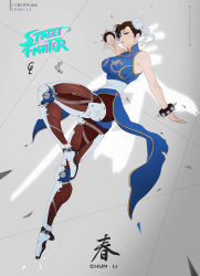 Rule 34 | 1girl, arm up, artificial legs, bare shoulders, blue dress, bracelet, brown eyes, brown hair, brown pantyhose, bun cover, capcom, china dress, chinese clothes, chun-li, cyberpunk, double bun, dress, earrings, eyeshadow, fighting stance, hair bun, highres, jewelry, knee up, machinery, makeup, mechanical legs, pantyhose, park junkyu, pelvic curtain, prosthesis, prosthetic leg, sash, side slit, sleeveless, sleeveless dress, solo, spiked bracelet, spikes, street fighter, thick thighs, thighs