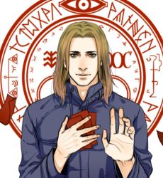 Rule 34 | 1boy, anderain, blonde hair, facial hair, green eyes, halo of the sun, hand on own chest, hand up, long hair, magic circle, male focus, red paper, silent hill, silent hill (series), silent hill 4: the room, solo, stubble, walter sullivan