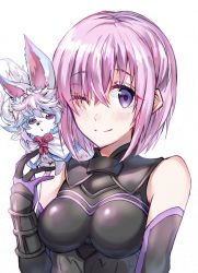 Rule 34 | 1girl, ;), bare shoulders, betti (maron), breasts, elbow gloves, fate/grand order, fate (series), fou (fate), gloves, highres, looking at viewer, mash kyrielight, one eye closed, purple eyes, purple hair, simple background, smile, white background