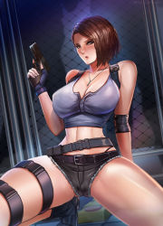 Rule 34 | 1girl, badcompzero, belt, black shorts, blue eyes, breasts, brown hair, chain-link fence, collarbone, fence, fingerless gloves, gloves, gun, handgun, highres, holding, holding gun, holding weapon, jewelry, jill valentine, large breasts, midriff, navel, necklace, outdoors, pistol, purple shirt, resident evil, resident evil 3, resident evil 3: nemesis, shirt, short hair, short shorts, shorts, sleeveless, solo, spread legs, squatting, weapon