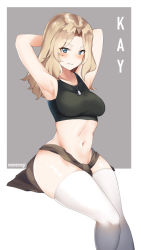 Rule 34 | 1girl, absurdres, armpits, arms behind head, bare shoulders, black tank top, blonde hair, blue eyes, blush, border, breasts, character name, collarbone, girls und panzer, grey background, groin, highres, jewelry, kay (girls und panzer), large breasts, long hair, looking at viewer, midriff, navel, necklace, shiny skin, simple background, smile, solo, tank top, thighhighs, white border, white thighhighs