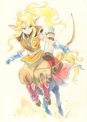 Rule 34 | 1girl, agahari, animal ears, arrow (projectile), bad id, bad pixiv id, blonde hair, bow (weapon), centaur, gloves, green eyes, holding, long hair, looking at viewer, matilda (shining force), matilda (shining force ii), monster girl, pointy ears, quiver, sega, shining (series), shining force ii, side ponytail, smile, solo, taur, traditional media, weapon, white background