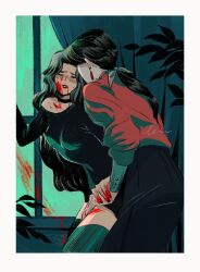 Rule 34 | 2girls, black choker, black hair, black shirt, black skirt, blood, blood from mouth, blood on face, blood on hands, blood on leg, blood on neck, blood on window, breasts, choker, commentary, curtains, english commentary, green theme, hand on another&#039;s thigh, highres, lemons on sticks, long hair, multiple girls, off-shoulder shirt, off shoulder, original, ponytail, red shirt, shirt, signature, skirt, window, yuri