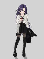 Rule 34 | 1girl, black footwear, black jacket, blouse, blush stickers, boots, cellphone, closed mouth, contrapposto, cross, full body, gishiki (gshk), goshiki agiri, grey background, grey thighhighs, highres, holding, holding clothes, holding jacket, holding phone, jacket, jitome, kill me baby, latin cross, long hair, no nose, pantyhose, phone, purple eyes, purple hair, shirt, simple background, smartphone, solo, standing, thigh boots, thighhighs, unworn jacket, white shirt