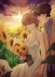 Rule 34 | 1boy, 1girl, blue eyes, bouquet, breasts, brown hair, cleavage, collarbone, collared shirt, couple, dress, dress shirt, field, flower, flower field, green eyes, grey shirt, hair between eyes, halterneck, hetero, highres, holding, holding bouquet, holding hands, interlocked fingers, jacket, kudou shin&#039;ichi, long dress, long sleeves, looking at another, medium breasts, meitantei conan, miyano shiho, okuseric, open clothes, open jacket, outdoors, shirt, short hair, sleeveless, sleeveless dress, sundress, sunflower, sunflower field, white dress, wing collar, yellow flower, yellow jacket