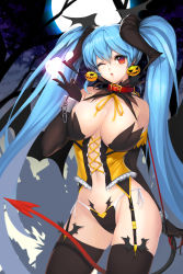Rule 34 | 1girl, ;o, absurdres, bdsm, black thighhighs, blue hair, breasts, collar, corset, cuffs, demon tail, earrings, female focus, full moon, garter straps, groin, heart, highres, horns, jack-o&#039;-lantern, jack-o&#039;-lantern earrings, jewelry, large breasts, leash, long hair, looking at viewer, luthica preventer, moon, one eye closed, panties, side-tie panties, skindentation, snowball22, solo, sword girls, tail, thigh strap, thighhighs, twintails, underwear, very long hair, wink