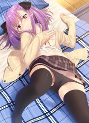 Rule 34 | 1girl, absurdres, bad id, bad twitter id, bed, blush, cardigan, covering privates, covering breasts, fate/grand order, fate (series), hair ribbon, helena blavatsky (fate), highres, lying, midriff, navel, no bra, on back, on bed, open clothes, open shirt, panties, panty pull, pillow, plaid, plaid skirt, purple eyes, purple hair, ribbon, saiki rider, school uniform, short hair, skirt, smile, solo, sweat, tears, thighhighs, underwear, zettai ryouiki