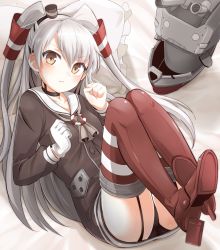 Rule 34 | 10s, 1girl, amatsukaze (kancolle), bad id, bad pixiv id, black panties, blush, brown eyes, dress, garter straps, gloves, kantai collection, knees to chest, long hair, looking at viewer, lying, mobu, on back, panties, personification, red thighhighs, rensouhou-kun, sailor dress, short dress, silver hair, single glove, solo, striped clothes, striped thighhighs, thighhighs, twintails, two side up, underwear, white gloves