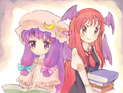 Rule 34 | 2girls, bad id, bad pixiv id, blush, book, bow, female focus, hat, head wings, koakuma, long hair, multiple girls, open book, patchouli knowledge, pink bow, purple eyes, purple hair, reading, red eyes, red hair, rias-shiki kawaii, smile, embodiment of scarlet devil, touhou, wings