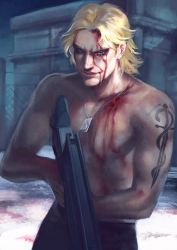 Rule 34 | 1boy, absurdres, arm tattoo, bleeding, blonde hair, blood, blood on face, blood on snow, blue eyes, building, collarbone, commentary, derivative work, dog tags, english commentary, fence, gun, highres, holding, holding gun, holding weapon, injury, koi fin, liquid snake, male focus, metal gear (series), metal gear solid, muscular, muscular male, night, night sky, outdoors, realistic, screenshot redraw, topless male, short hair, sky, smile, snow, solo, tattoo, weapon