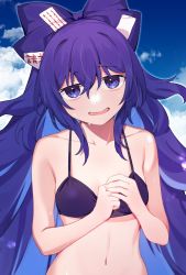 Rule 34 | 1girl, akagashi hagane, bikini, black bikini, blue bow, blue eyes, blue hair, blue sky, bow, breasts, cleavage, cloud, commission, debt, hair bow, long hair, navel, open mouth, outdoors, skeb commission, sky, small breasts, solo, swimsuit, touhou, upper body, yorigami shion