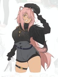 Rule 34 | 1girl, ahoge, animal ears, arknights, beret, black gloves, black hat, black shirt, black shorts, breasts, bright pupils, cowboy shot, cropped legs, dokonjou (odossan), gloves, gravel (arknights), gravel (modeling night) (arknights), hair over one eye, hat, jewelry, long hair, long sleeves, mouse ears, mouse girl, mouse tail, necklace, official alternate costume, one eye covered, orange eyes, parted lips, pink hair, shirt, shorts, small breasts, smile, solo, tail, tan, thigh strap, thighs, very long hair, white pupils
