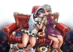 Rule 34 | 2girls, angel wings, bare arms, bare legs, blue eyes, blue hair, blush, boots, bow, bowtie, braid, brooch, buttons, cake, closed mouth, collared shirt, couch, covered navel, cup, doremy sweet, dress, feeding, feet out of frame, fisheye, food, fork, french braid, furrowed brow, hair between eyes, hand up, haruno (kuromitugozen), hat, highres, holding, holding fork, holding plate, hug, jacket, jewelry, kishin sagume, leaning to the side, locked arms, long sleeves, looking at another, looking down, medium skirt, multicolored clothes, multicolored dress, multiple girls, nightcap, on couch, open clothes, open jacket, plate, pom pom (clothes), purple shirt, purple skirt, red eyes, red hat, saucer, shirt, short dress, short sleeves, sidelocks, silver hair, single wing, sitting, skirt, smile, table, tail, tapir tail, teapot, touhou, white wings, wing collar, wing hug, wings