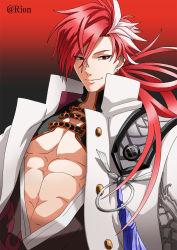 Rule 34 | 1boy, abs, black background, closed mouth, coat, earrings, fate/grand order, fate (series), gradient background, jewelry, long hair, looking at viewer, male focus, multicolored hair, pectorals, popped collar, red background, red eyes, red hair, rion0507, simple background, smile, solo, takasugi shinsaku (fate), tassel, twitter username, two-tone hair, upper body, white coat, white hair