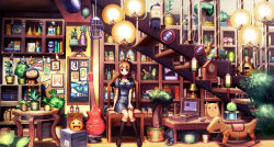 Rule 34 | 1girl, amplifier, bird, black socks, book, boots, unworn boots, bottle, brown eyes, brown hair, bug, butterfly, cage, car, chair, chopsticks, clock, cup, doll, drum, electric guitar, fish, guitar, insect, instrument, jack-o&#039;-lantern, jongmin, kneehighs, lamp, motor vehicle, mug, original, penguin, phonograph, plant, plate, potted plant, radio, room, sewing machine, shelf, short hair, sitting, socks, stairs, table, toy, toy horse, traffic light, truck, vehicle