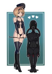 Rule 34 | 2girls, absurdres, ankle cuffs, argrim, arms at sides, bdsm, blonde hair, bodysuit, boots, breasts, breathing tube, brown eyes, bustier, choker, collarbone, corset, crotch zipper, detached sleeves, djeeta (granblue fantasy), dominatrix, femdom, gas mask, gimp mask, gimp suit, granblue fantasy, hairband, hat, heart, high heels, highres, knee boots, latex, latex bodysuit, looking at viewer, lyria (granblue fantasy), mask, multiple girls, navel, outline, peaked cap, riding crop, sitting, skin tight, small breasts, thighhighs, two-tone background, white outline, zipper