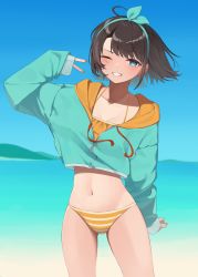 Rule 34 | 1girl, absurdres, bikini, black hair, blue eyes, day, hand up, headband, highres, hololive, looking at viewer, navel, ocean, one eye closed, oozora subaru, oozora subaru (hololive summer 2019), outdoors, short hair, sl10 d, solo, standing, striped bikini, striped clothes, sweater, swimsuit, v, virtual youtuber, water, zipper