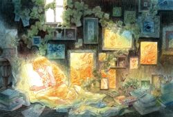 Rule 34 | 1girl, absurdres, blonde hair, book, canvas (object), closed eyes, full body, highres, ivy, leaf, long hair, megumi (mg3), original, paint, painting (object), paper, picture frame, sitting, solo, window