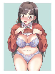 Rule 34 | 1girl, belly, blue bra, blue panties, blush, bra, breasts, brown hair, cleavage, clothes lift, floral print, full-face blush, highres, idolmaster, idolmaster shiny colors, large breasts, lifted by self, long hair, long sleeves, looking at viewer, navel, no pants, panties, plump, pokzt001, red eyes, shirt lift, skindentation, smile, solo, sonoda chiyoko, straight hair, sweatdrop, thigh gap, underwear, very long hair