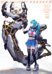 Rule 34 | 1girl, animal, aqua eyes, aqua hair, arm up, black thighhighs, blue skirt, boots, cat, commentary request, cover, fake cover, fewer digits, highres, korean commentary, long hair, machinery, mechanical arms, mechanical parts, midriff, navel, original, ponytail, ribbon cable, school uniform, science fiction, serafuku, simple background, single mechanical arm, skirt, solo, standing, thighhighs, undershirt, white background, wristband, yd (orange maru), zettai ryouiki
