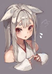 Rule 34 | 1girl, animal ears, bare shoulders, blunt bangs, blush, commentary request, cropped torso, dated, dress, embarrassed, fidgeting, fox ears, grey background, grey hair, highres, index fingers together, japanese clothes, long hair, long sleeves, looking at viewer, nail polish, original, parted lips, pink nails, red eyes, short eyebrows, signature, simple background, sleeveless, sleeves past wrists, slit pupils, solo, suzuno (bookshelf), sweatdrop, tears, thick eyebrows, white dress