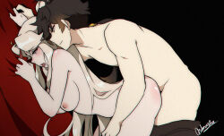 Rule 34 | 1boy, 1girl, aidmoon, bed sheet, black hair, blush, boy on top, breasts, brown hair, commentary, completely nude, couple, doggystyle, english commentary, genshin impact, gradient hair, hair between eyes, hand on another&#039;s thigh, hetero, highres, large breasts, long hair, multicolored hair, ningguang (genshin impact), nipples, nude, parted bangs, ponytail, red eyes, sex, sex from behind, signature, smile, tassel, timestamp, tongue, tongue out, very long hair, white hair, yellow eyes, zhongli (genshin impact)