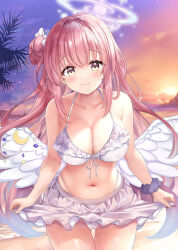 Rule 34 | 1girl, angel wings, bikini, blue archive, breasts, cleavage, closed mouth, collarbone, commentary request, feathered wings, flower, frilled ribbon, frills, gradient hair, hair bun, hair flower, hair ornament, hair ribbon, halo, large breasts, leaning forward, long hair, looking at viewer, low wings, mika (blue archive), multicolored hair, navel, ocean, orange sky, pink hair, pink halo, purple scrunchie, purple sky, ribbon, rikatan, scrunchie, single side bun, skirt, sky, smile, solo, star (sky), starry sky, starry sky print, stomach, sunset, swimsuit, thighs, tree, very long hair, white bikini, white ribbon, white skirt, white wings, wings, wrist scrunchie, yellow eyes