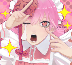 Rule 34 | 1girl, absurdres, akanbe, braid, brain, chainsaw man, cosmo (chainsaw man), eyeball, eyelid pull, heart, heart-shaped eyes, highres, looking at viewer, maid, open mouth, pink background, pink theme, pointing, pointing at self, ribbon, sailen0, simple background, solo, sparkle, teeth, tongue, tongue out