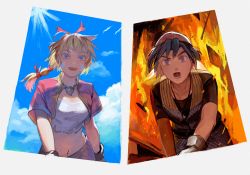 Rule 34 | 1boy, 1girl, armor, bandana, bead necklace, beads, bird, black shirt, blonde hair, blue eyes, blue hair, blue sky, breasts, brown gloves, chainmail, chrono cross, cloud, crop top, cropped jacket, facial mark, fiery background, fire, gloves, hair ribbon, highres, jacket, jewelry, kid (chrono cross), leaning forward, long hair, looking at viewer, lower teeth only, machibari2, medium breasts, midriff, multi-tied hair, navel, necklace, open mouth, outdoors, ponytail, reaching, reaching towards viewer, red bandana, red jacket, red ribbon, red skirt, ribbon, serge (chrono cross), shirt, short hair, short sleeves, skirt, sky, smile, sunlight, teeth, upper body, upper teeth only, white shirt