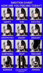Rule 34 | 1girl, absurdres, black hair, blush, commentary, empty eyes, english commentary, english text, expression chart, frown, fur trim, grin, hair ornament, highres, hololive, hololive english, long hair, looking at viewer, multicolored hair, nebradisk, shaded face, shiori novella, smile, two-tone hair, virtual youtuber, white hair, yellow eyes