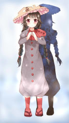Rule 34 | 1girl, absurdres, ajirogasa, black hair, braid, buttons, capelet, clothes writing, dress, grey dress, hat, highres, long hair, own hands together, red eyes, red legwear, ribbon, sandals, smile, snow, solo, stick jitb, touhou, twin braids, yatadera narumi